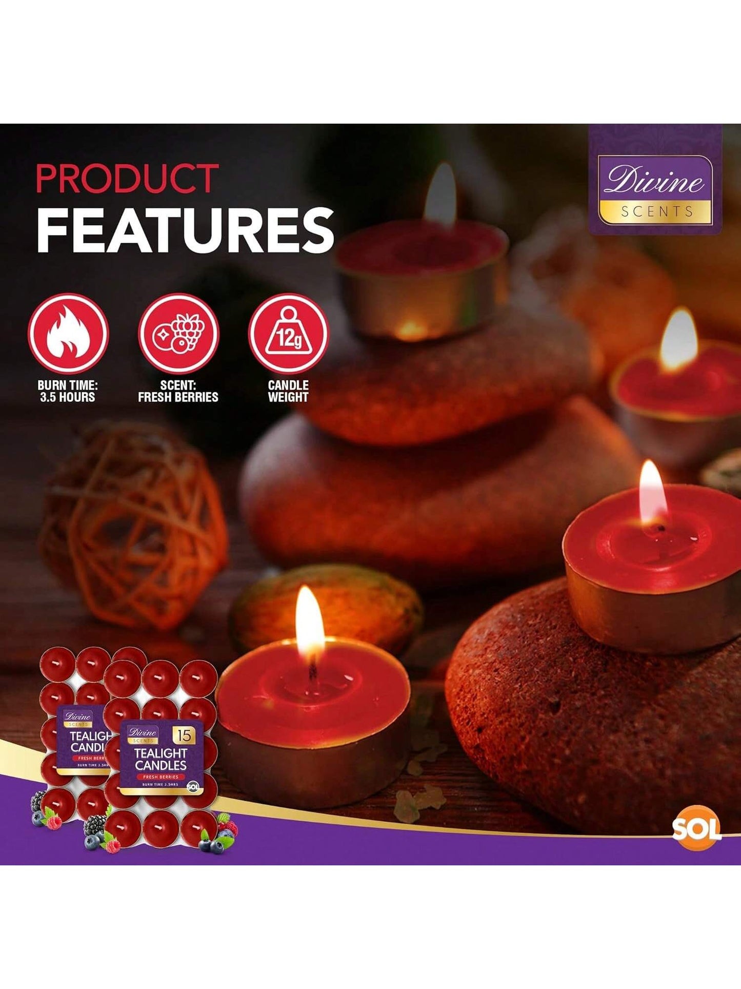 SOL 30pk Tea Light Candles Fresh Berries – 3.5 Hour Burn Time, Scented Tea Lights, Long-Lasting And Ideal For Home, Relaxation, Romantic Dinners, Weddings, Festive Decor, Cosy Evenings