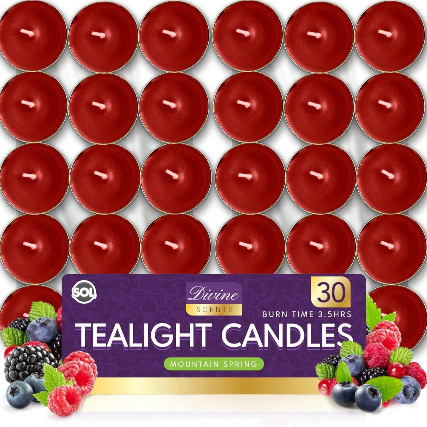 SOL 30pk Tea Light Candles Fresh Berries – 3.5 Hour Burn Time, Scented Tea Lights, Long-Lasting And Ideal For Home, Relaxation, Romantic Dinners, Weddings, Festive Decor, Cosy Evenings