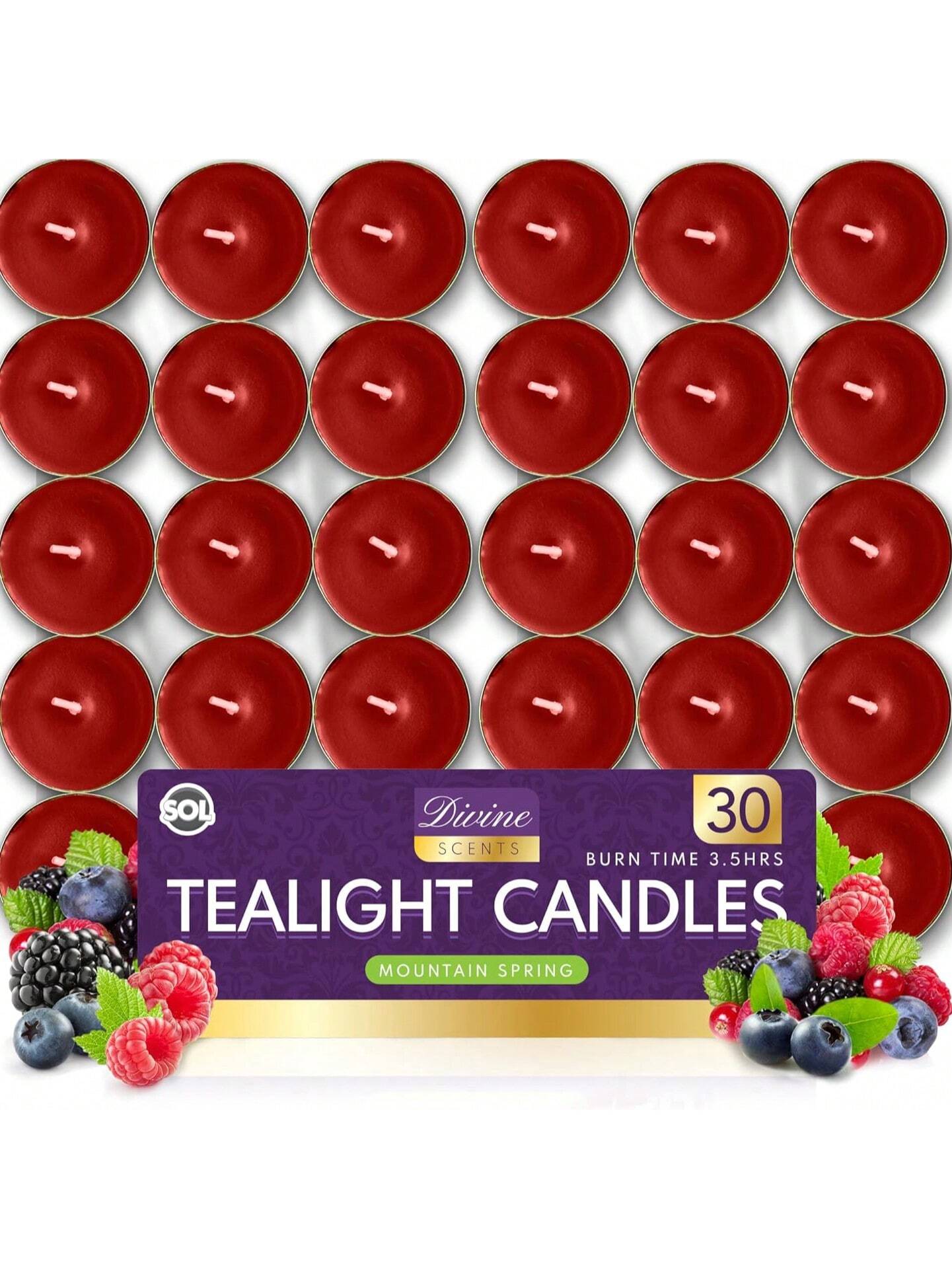 SOL 30pk Tea Light Candles Fresh Berries – 3.5 Hour Burn Time, Scented Tea Lights, Long-Lasting And Ideal For Home, Relaxation, Romantic Dinners, Weddings, Festive Decor, Cosy Evenings