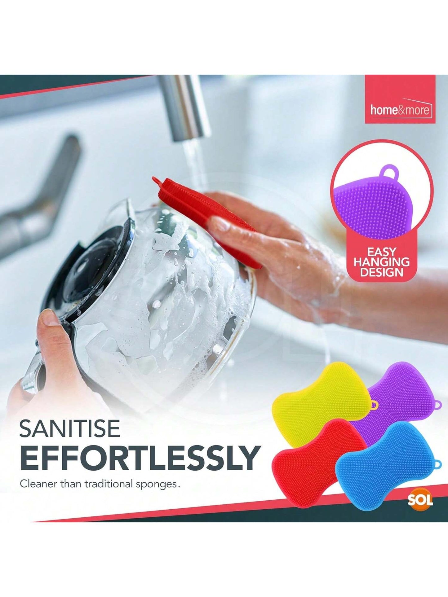 SOL 4 Pack Heavy Duty Silicone Washing Up Sponges – 7.8 X 12 Cm Reusable Non-Scratch Kitchen Sponge For Cleaning Pots, Pans And Dishes – Durable Quick-Drying Multipurpose Scrub In Vibrant Colours