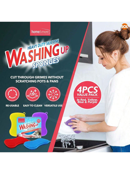 SOL 4 Pack Heavy Duty Silicone Washing Up Sponges – 7.8 X 12 Cm Reusable Non-Scratch Kitchen Sponge For Cleaning Pots, Pans And Dishes – Durable Quick-Drying Multipurpose Scrub In Vibrant Colours