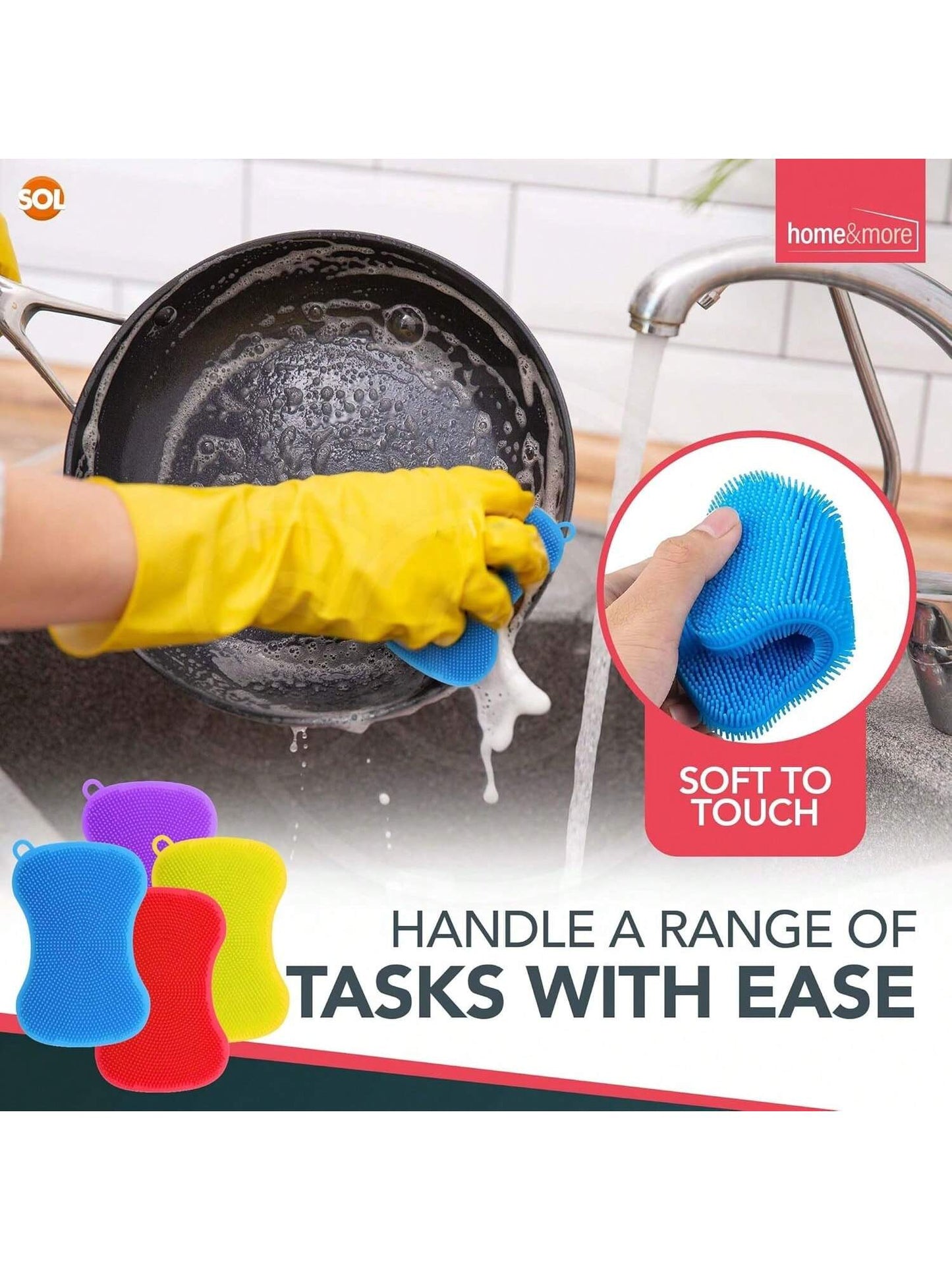 SOL 4 Pack Heavy Duty Silicone Washing Up Sponges – 7.8 X 12 Cm Reusable Non-Scratch Kitchen Sponge For Cleaning Pots, Pans And Dishes – Durable Quick-Drying Multipurpose Scrub In Vibrant Colours