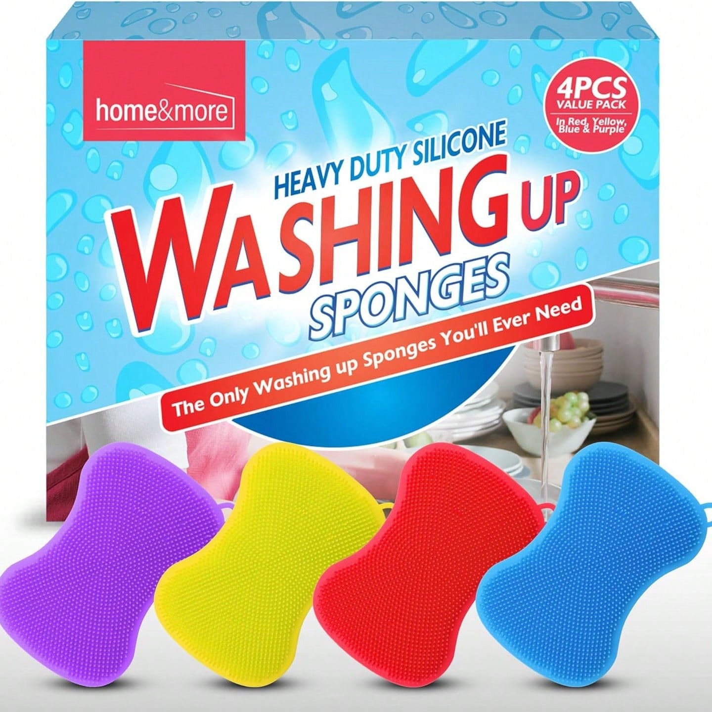 SOL 4 Pack Heavy Duty Silicone Washing Up Sponges – 7.8 X 12 Cm Reusable Non-Scratch Kitchen Sponge For Cleaning Pots, Pans And Dishes – Durable Quick-Drying Multipurpose Scrub In Vibrant Colours