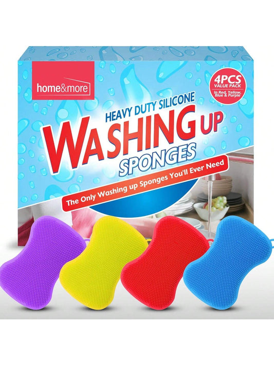 SOL 4 Pack Heavy Duty Silicone Washing Up Sponges – 7.8 X 12 Cm Reusable Non-Scratch Kitchen Sponge For Cleaning Pots, Pans And Dishes – Durable Quick-Drying Multipurpose Scrub In Vibrant Colours