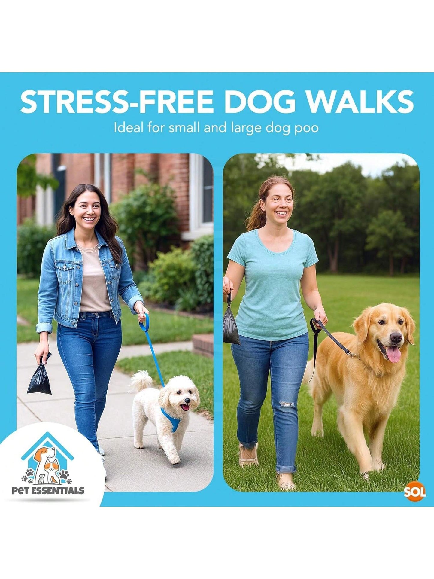 SOL 100pk Dog Poo Bags With Tie Handles - 31.5cm X 18.7cm Leak-Proof And Durable Dog Bags For Poop, Easy To Use And Carry, Perfect For Daily Walks, Travel, And Clean Waste Disposal