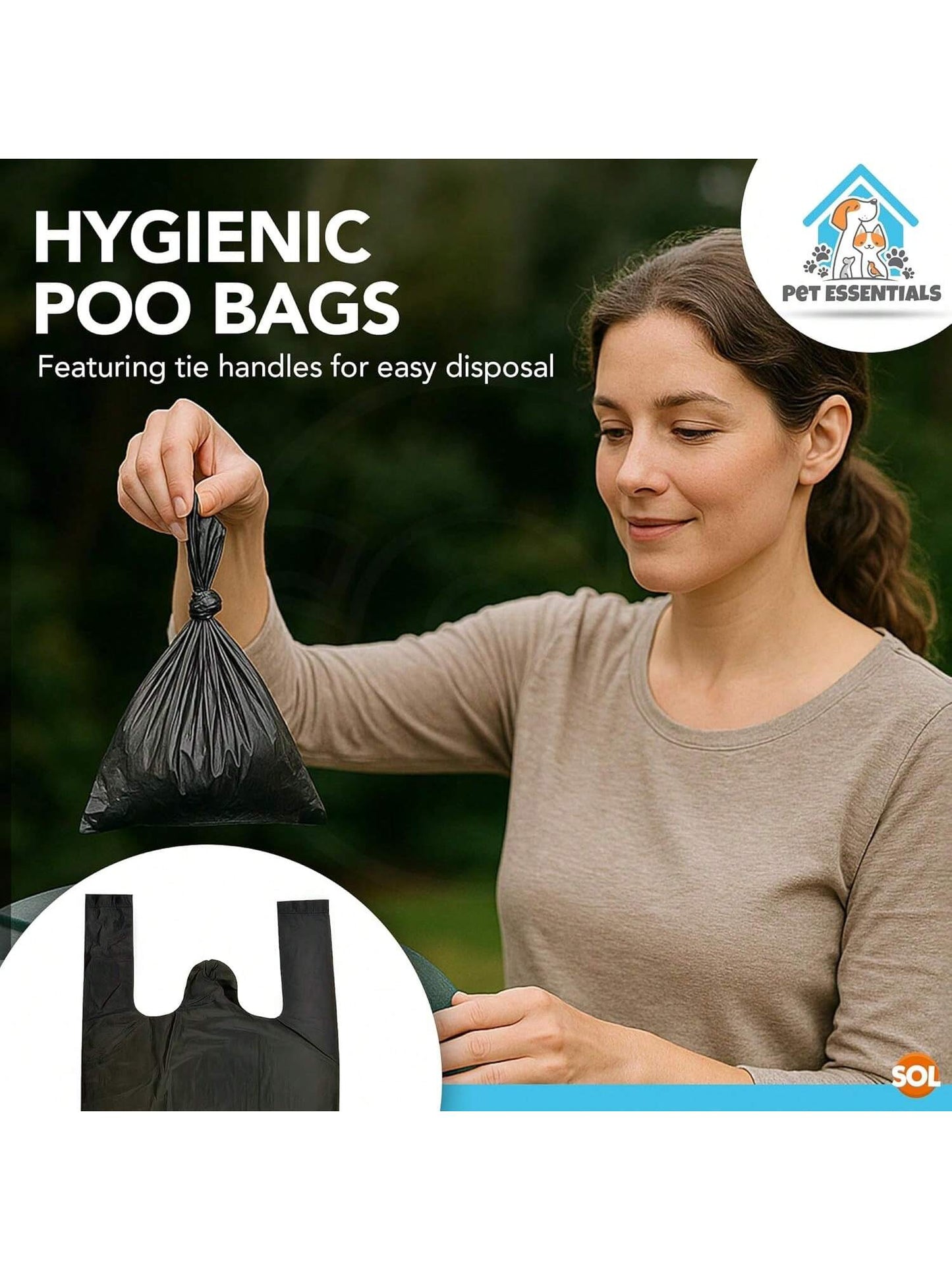 SOL 100pk Dog Poo Bags With Tie Handles - 31.5cm X 18.7cm Leak-Proof And Durable Dog Bags For Poop, Easy To Use And Carry, Perfect For Daily Walks, Travel, And Clean Waste Disposal