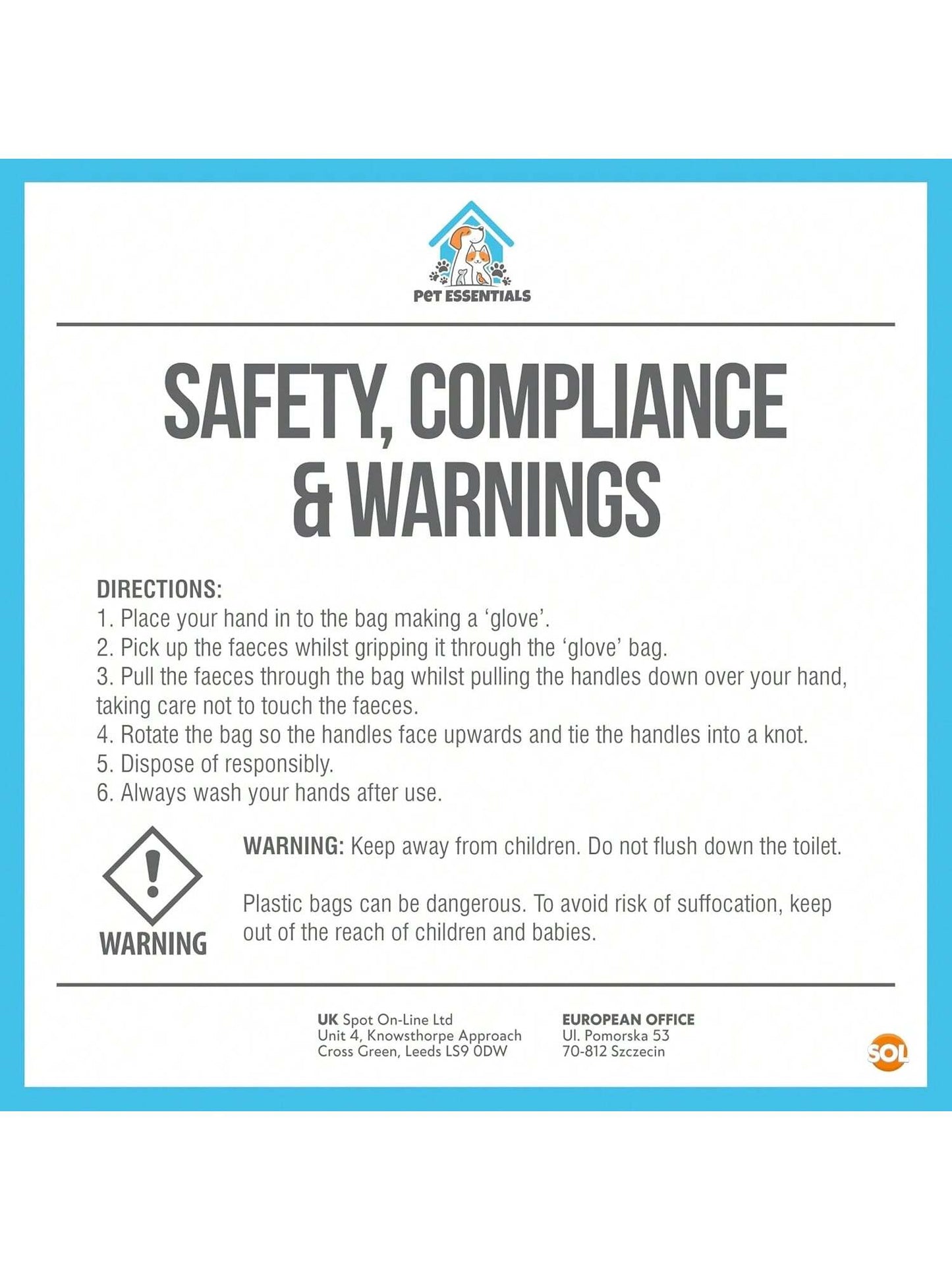 SOL 100pk Dog Poo Bags With Tie Handles - 31.5cm X 18.7cm Leak-Proof And Durable Dog Bags For Poop, Easy To Use And Carry, Perfect For Daily Walks, Travel, And Clean Waste Disposal