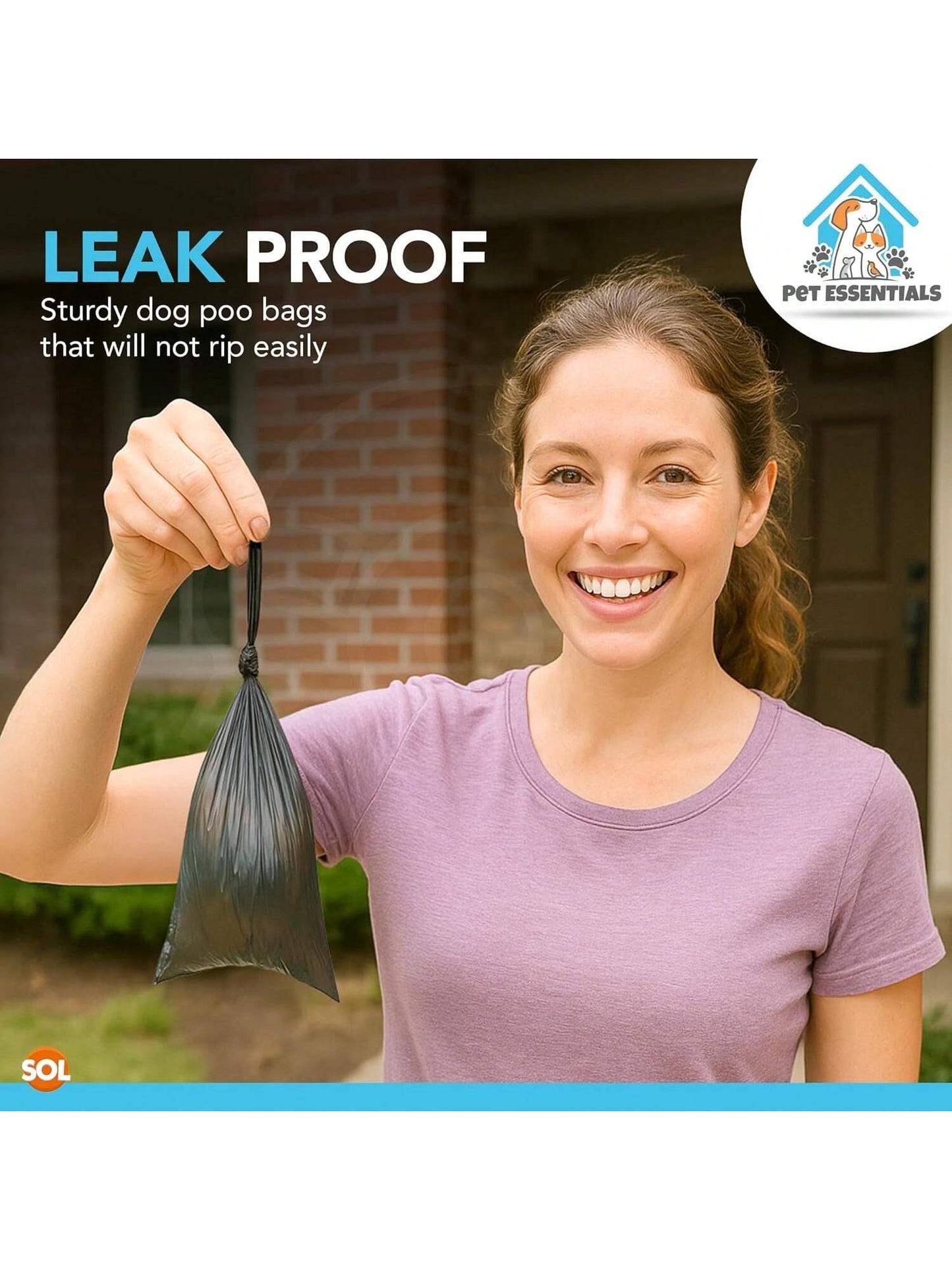 SOL 100pk Dog Poo Bags With Tie Handles - 31.5cm X 18.7cm Leak-Proof And Durable Dog Bags For Poop, Easy To Use And Carry, Perfect For Daily Walks, Travel, And Clean Waste Disposal