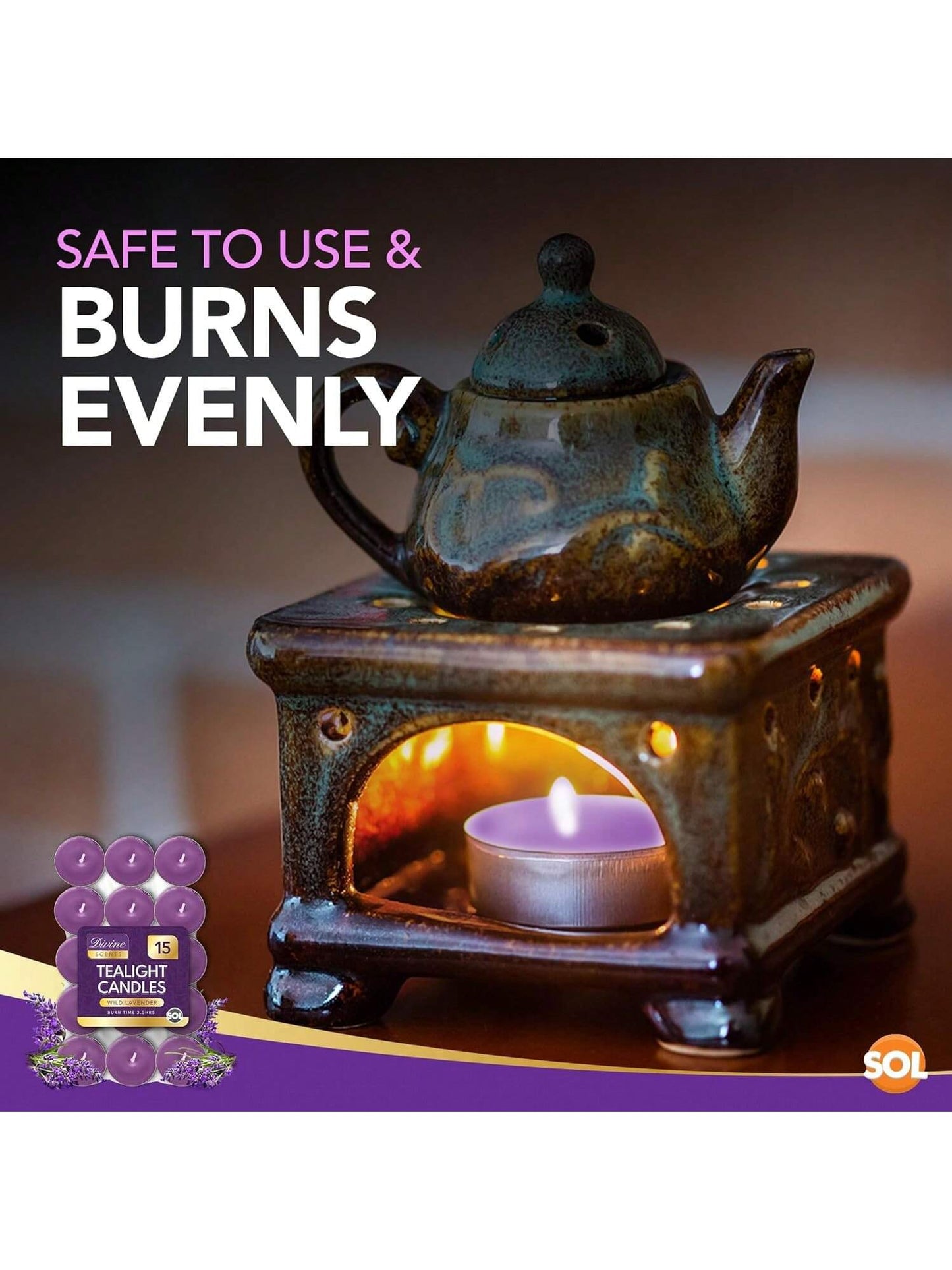 SOL 15pk Tea Light Candles Wild Lavenders – 3.5 Hour Burn Time, Scented Tea Lights Candles, Long-Lasting And Ideal Home Decor, Relaxation, Romantic Dinners, Weddings, Cosy Evenings & Special Occasion