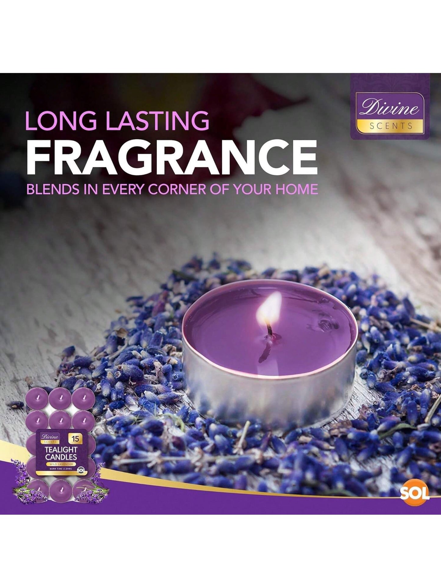 SOL 15pk Tea Light Candles Wild Lavenders – 3.5 Hour Burn Time, Scented Tea Lights Candles, Long-Lasting And Ideal Home Decor, Relaxation, Romantic Dinners, Weddings, Cosy Evenings & Special Occasion