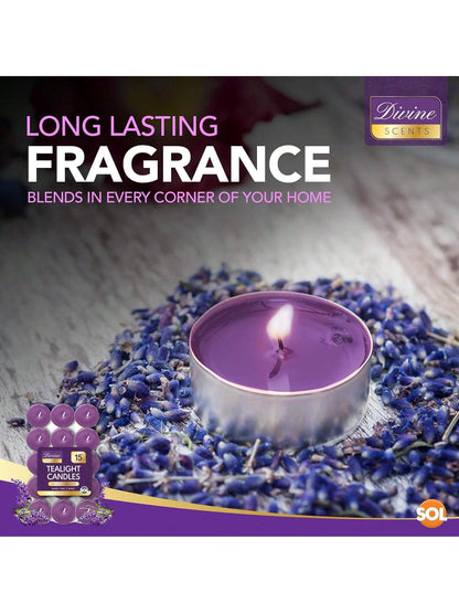 SOL 15pk Tea Light Candles Wild Lavenders – 3.5 Hour Burn Time, Scented Tea Lights Candles, Long-Lasting And Ideal Home Decor, Relaxation, Romantic Dinners, Weddings, Cosy Evenings & Special Occasion