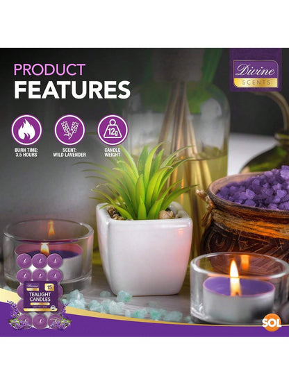 SOL 15pk Tea Light Candles Wild Lavenders – 3.5 Hour Burn Time, Scented Tea Lights Candles, Long-Lasting And Ideal Home Decor, Relaxation, Romantic Dinners, Weddings, Cosy Evenings & Special Occasion