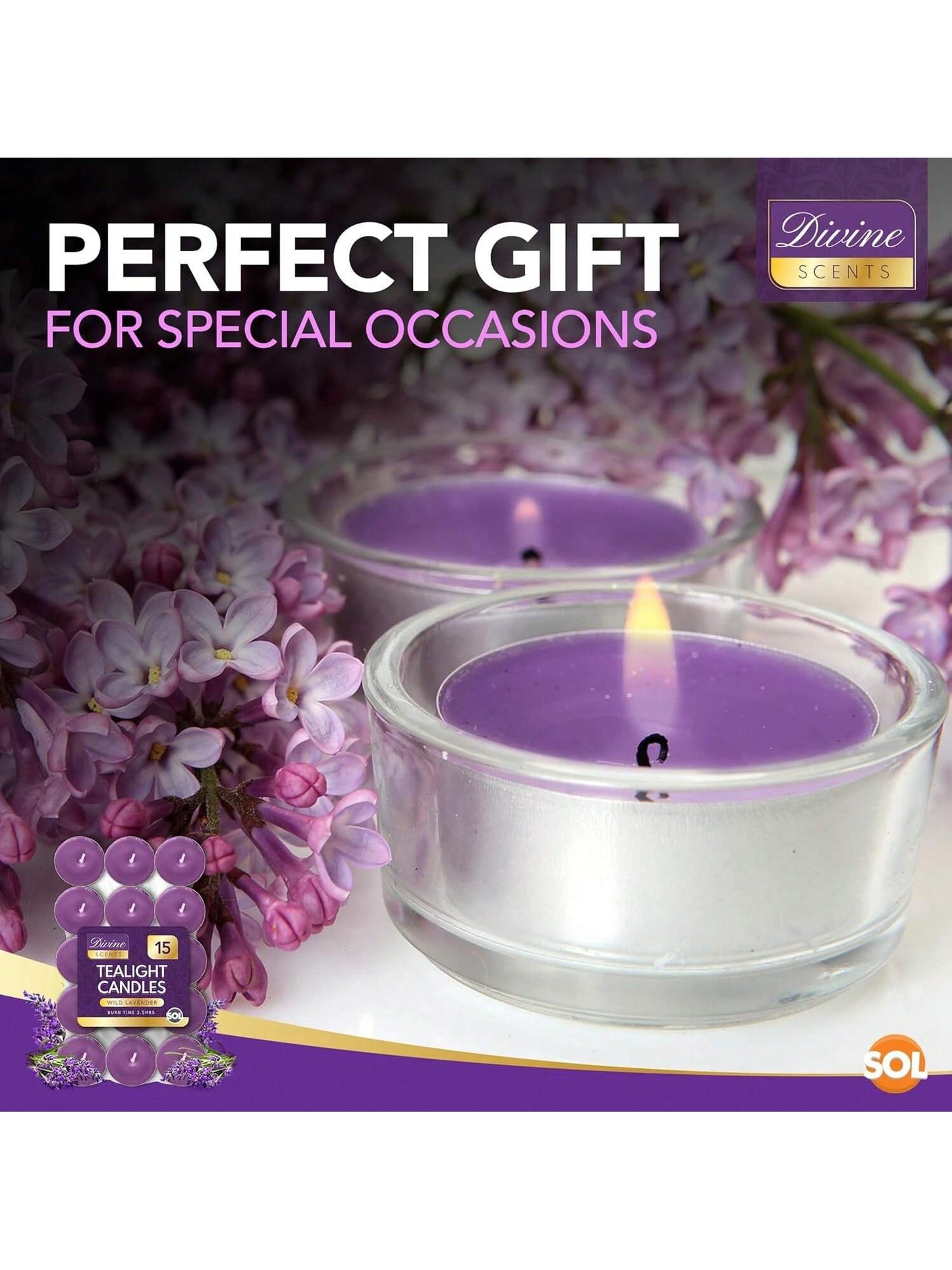 SOL 15pk Tea Light Candles Wild Lavenders – 3.5 Hour Burn Time, Scented Tea Lights Candles, Long-Lasting And Ideal Home Decor, Relaxation, Romantic Dinners, Weddings, Cosy Evenings & Special Occasion