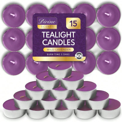 SOL 15pk Tea Light Candles Wild Lavenders – 3.5 Hour Burn Time, Scented Tea Lights Candles, Long-Lasting And Ideal Home Decor, Relaxation, Romantic Dinners, Weddings, Cosy Evenings & Special Occasion