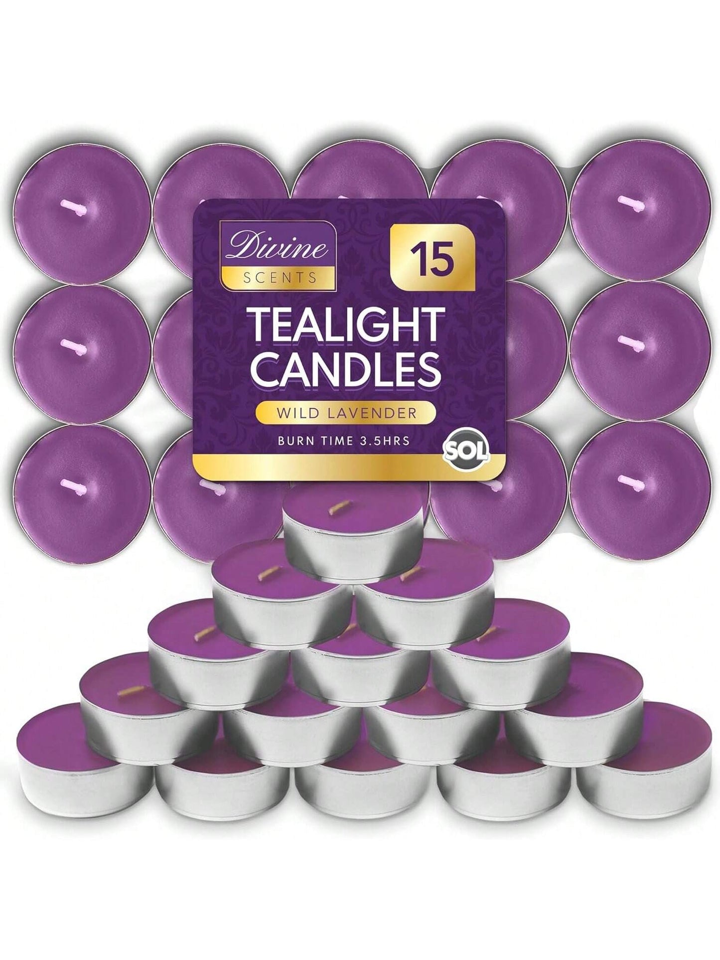 SOL 15pk Tea Light Candles Wild Lavenders – 3.5 Hour Burn Time, Scented Tea Lights Candles, Long-Lasting And Ideal Home Decor, Relaxation, Romantic Dinners, Weddings, Cosy Evenings & Special Occasion