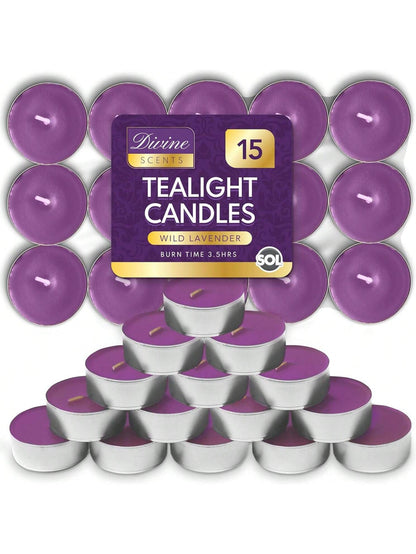 SOL 15pk Tea Light Candles Wild Lavenders – 3.5 Hour Burn Time, Scented Tea Lights Candles, Long-Lasting And Ideal Home Decor, Relaxation, Romantic Dinners, Weddings, Cosy Evenings & Special Occasion