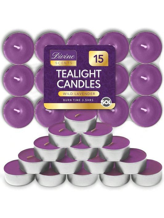 SOL 15pk Tea Light Candles Wild Lavenders – 3.5 Hour Burn Time, Scented Tea Lights Candles, Long-Lasting And Ideal Home Decor, Relaxation, Romantic Dinners, Weddings, Cosy Evenings & Special Occasion