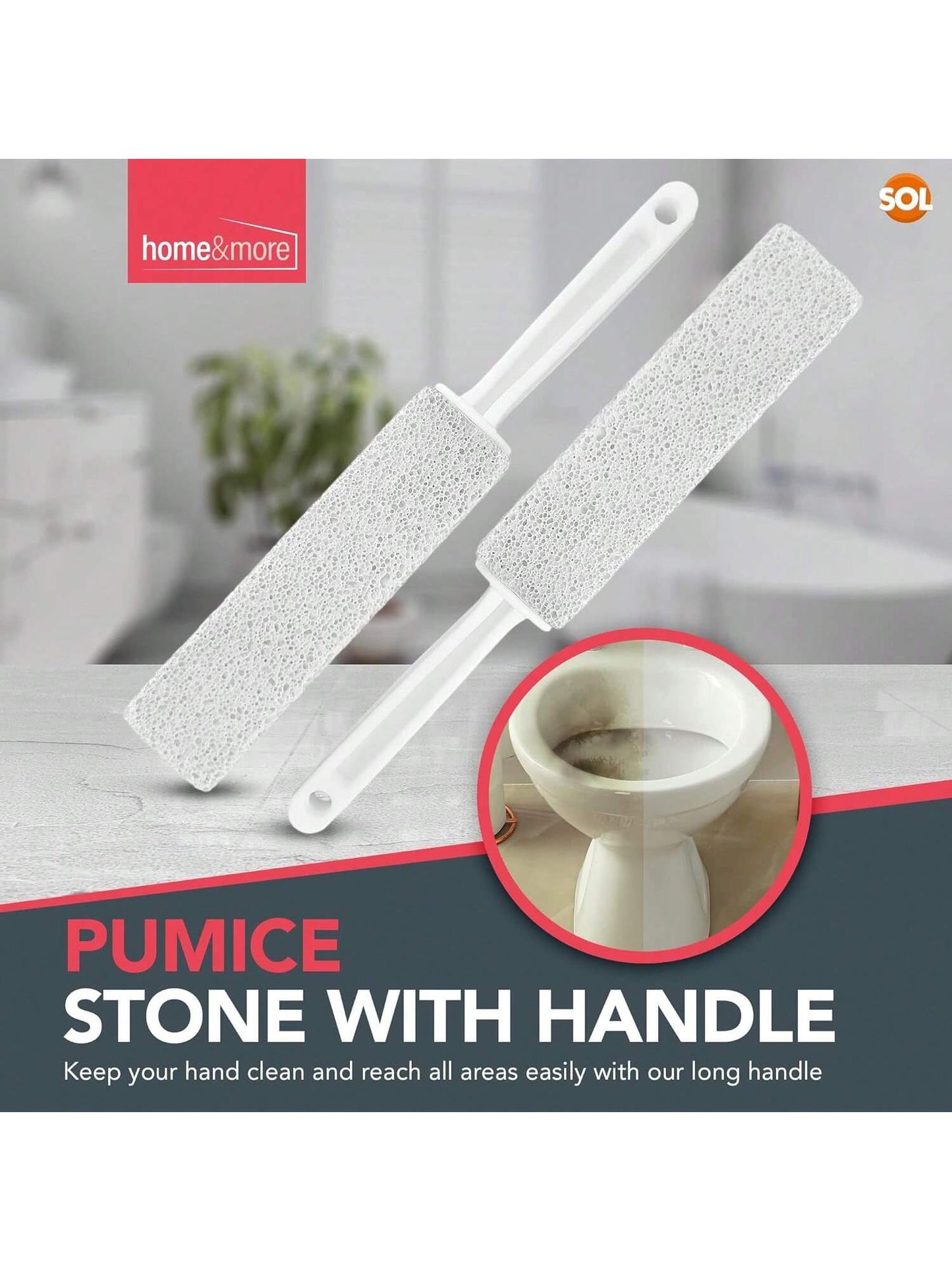 [2 Pack] SOL Pumice Stone For Toilet, 23.5cm Toilet Pumice Cleaning Stone With Handle For Easy Reach, Removes Hard Water Stains, Limescale & Rust From Toilet, Bathroom, Porcelain & Ceramic