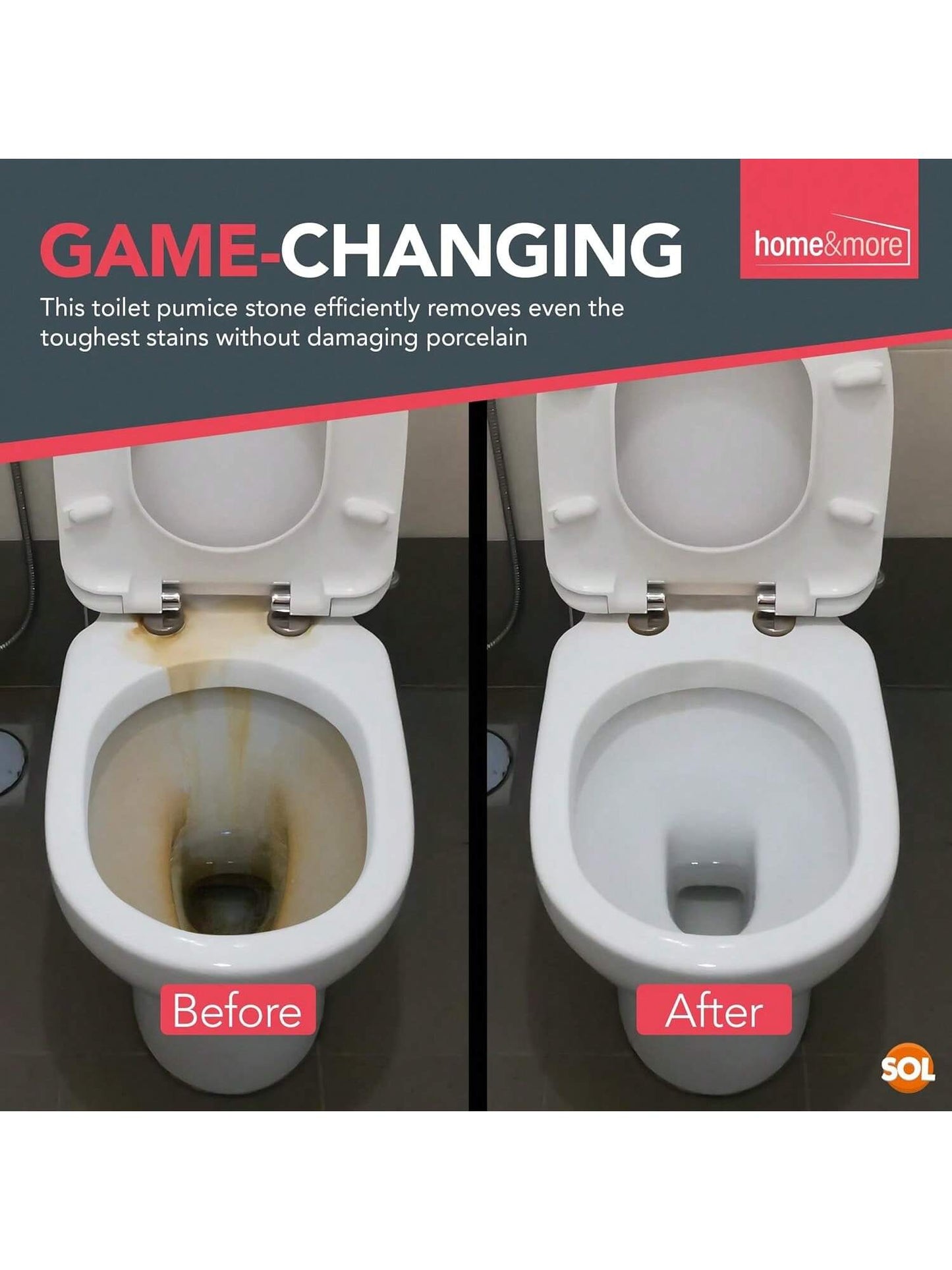 [2 Pack] SOL Pumice Stone For Toilet, 23.5cm Toilet Pumice Cleaning Stone With Handle For Easy Reach, Removes Hard Water Stains, Limescale & Rust From Toilet, Bathroom, Porcelain & Ceramic