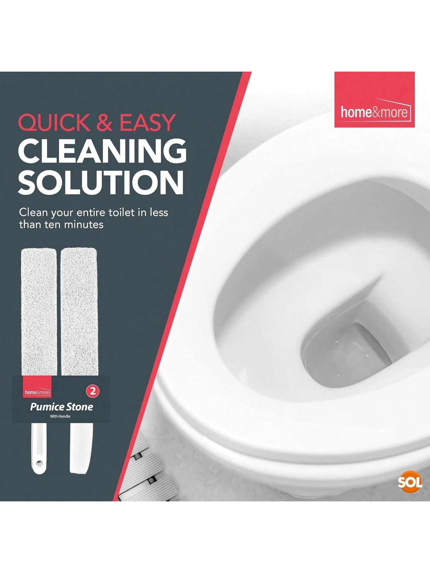 [2 Pack] SOL Pumice Stone For Toilet, 23.5cm Toilet Pumice Cleaning Stone With Handle For Easy Reach, Removes Hard Water Stains, Limescale & Rust From Toilet, Bathroom, Porcelain & Ceramic