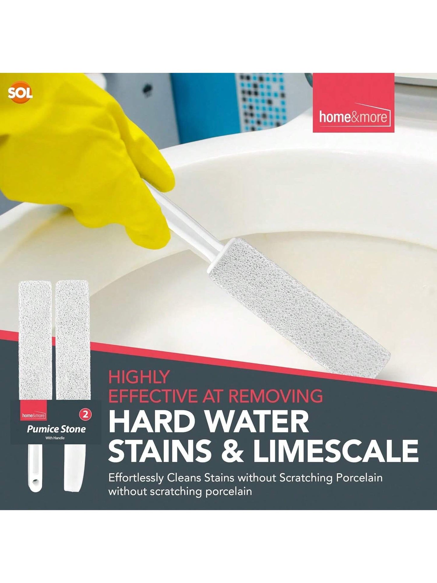 [2 Pack] SOL Pumice Stone For Toilet, 23.5cm Toilet Pumice Cleaning Stone With Handle For Easy Reach, Removes Hard Water Stains, Limescale & Rust From Toilet, Bathroom, Porcelain & Ceramic