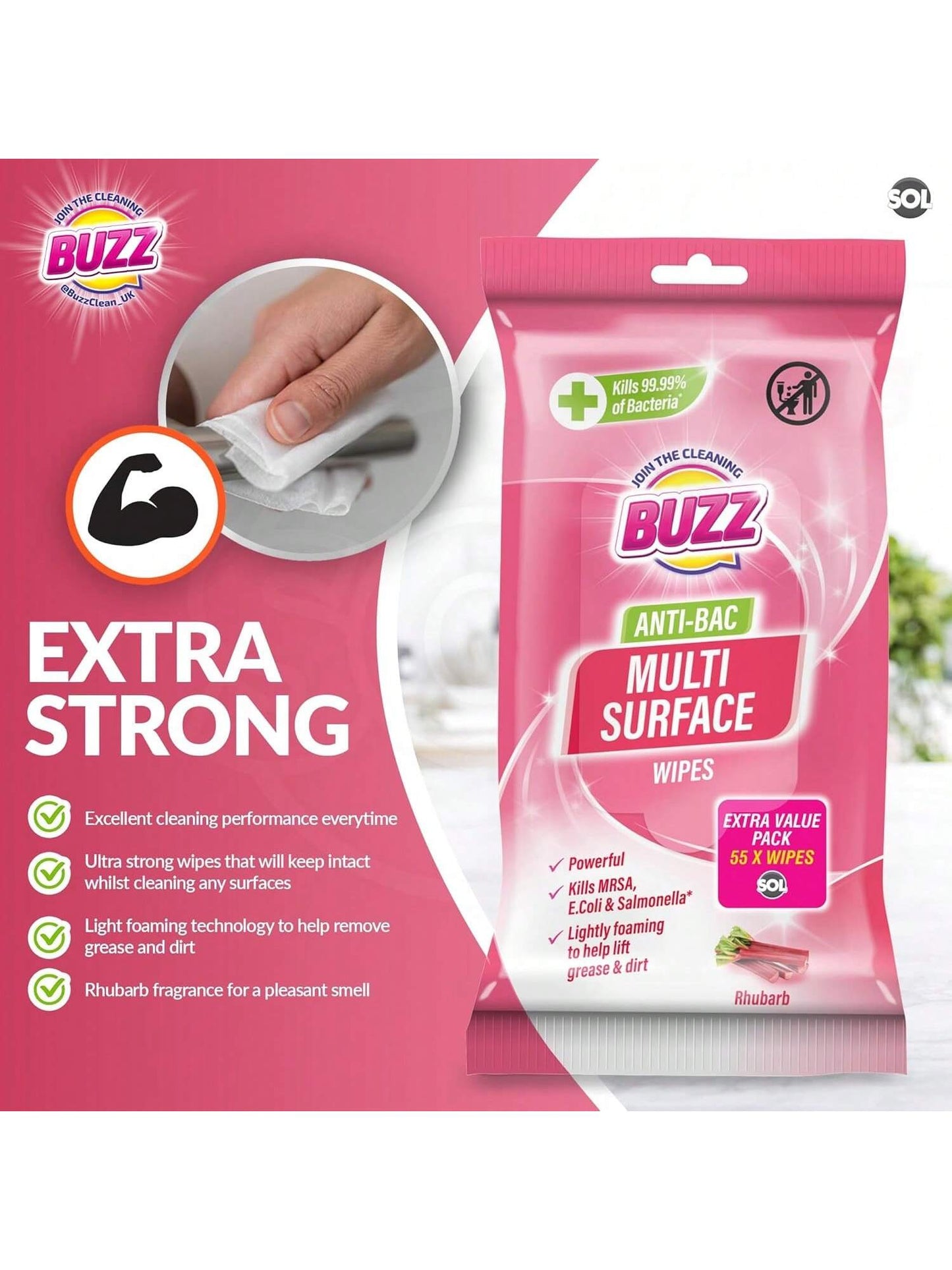 Buzz 220pk Anti-Bac Multisurface Wipes, 18cm X 19cm Rhubarb Scented Cleaning Wipes For Kitchen, Home & Office Surfaces, Multi-Purpose Surface Cleaner, Streak-Free, Quick-Drying, Remove Grease & Dirt