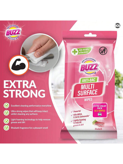 Buzz 220pk Anti-Bac Multisurface Wipes, 18cm X 19cm Rhubarb Scented Cleaning Wipes For Kitchen, Home & Office Surfaces, Multi-Purpose Surface Cleaner, Streak-Free, Quick-Drying, Remove Grease & Dirt
