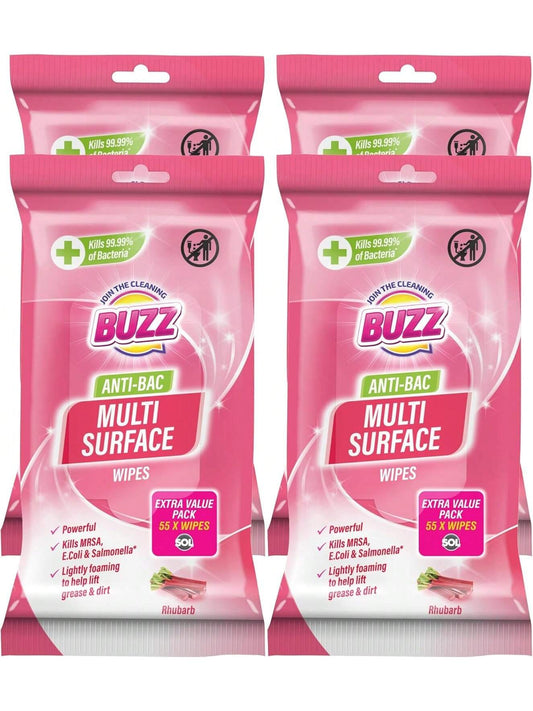Buzz 220pk Anti-Bac Multisurface Wipes, 18cm X 19cm Rhubarb Scented Cleaning Wipes For Kitchen, Home & Office Surfaces, Multi-Purpose Surface Cleaner, Streak-Free, Quick-Drying, Remove Grease & Dirt