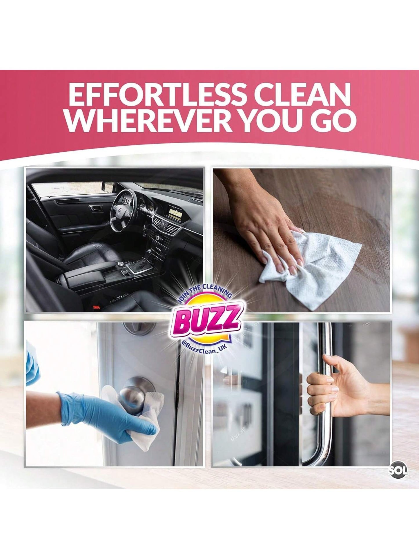 Buzz 220pk Anti-Bac Multisurface Wipes, 18cm X 19cm Rhubarb Scented Cleaning Wipes For Kitchen, Home & Office Surfaces, Multi-Purpose Surface Cleaner, Streak-Free, Quick-Drying, Remove Grease & Dirt