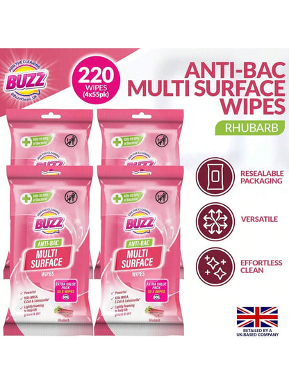 Buzz 220pk Anti-Bac Multisurface Wipes, 18cm X 19cm Rhubarb Scented Cleaning Wipes For Kitchen, Home & Office Surfaces, Multi-Purpose Surface Cleaner, Streak-Free, Quick-Drying, Remove Grease & Dirt
