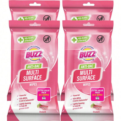 Buzz 220pk Anti-Bac Multisurface Wipes, 18cm X 19cm Rhubarb Scented Cleaning Wipes For Kitchen, Home & Office Surfaces, Multi-Purpose Surface Cleaner, Streak-Free, Quick-Drying, Remove Grease & Dirt