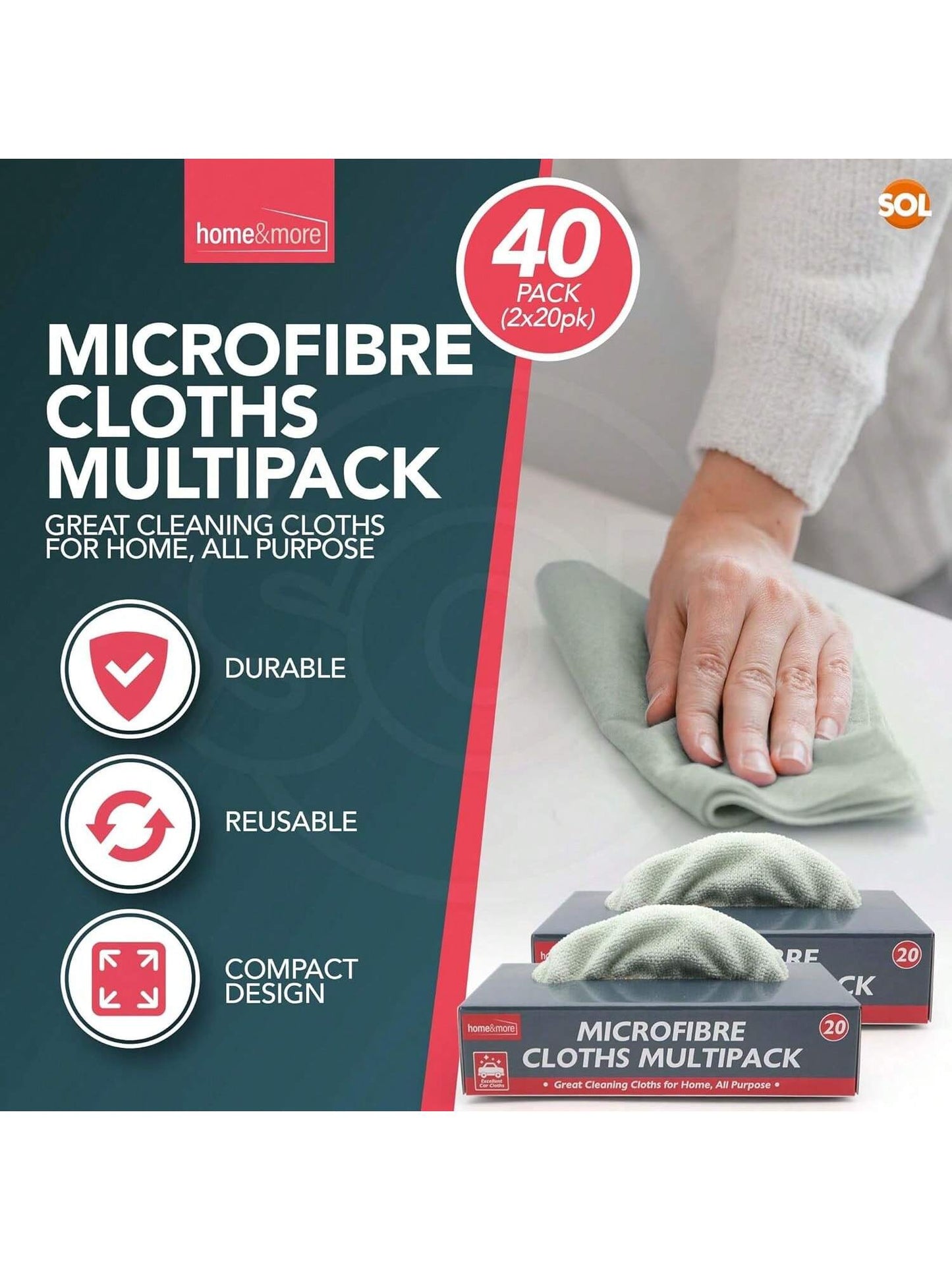 SOL 40pk Microfibre Cloths In Dispensers For Tidy Storage, Multipurpose Cleaning Cloths For Home, Kitchen & Car, Reusable, Absorbent, Streak-Free Cleaning Polishing Windows Surfaces (2 X 20pk)
