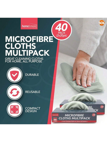 SOL 40pk Microfibre Cloths In Dispensers For Tidy Storage, Multipurpose Cleaning Cloths For Home, Kitchen & Car, Reusable, Absorbent, Streak-Free Cleaning Polishing Windows Surfaces (2 X 20pk)