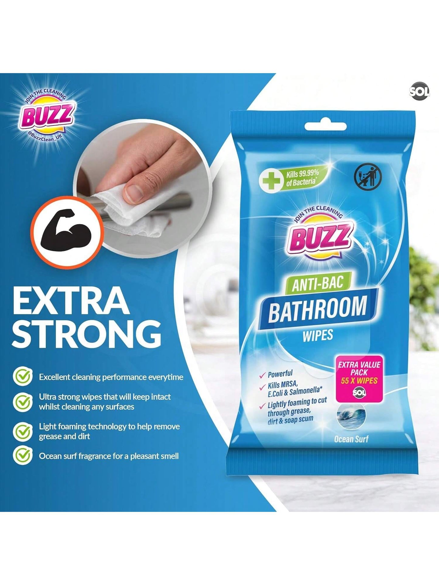 Buzz 220pk Bathroom Anti-Bac Wipes ,Ocean Scents Antibacterial Toilet Cleaning Sheets, Ultra-Strong Large Multi-Surface Cloths For Floors, Desk, Kitchen, Soap Scum Remover