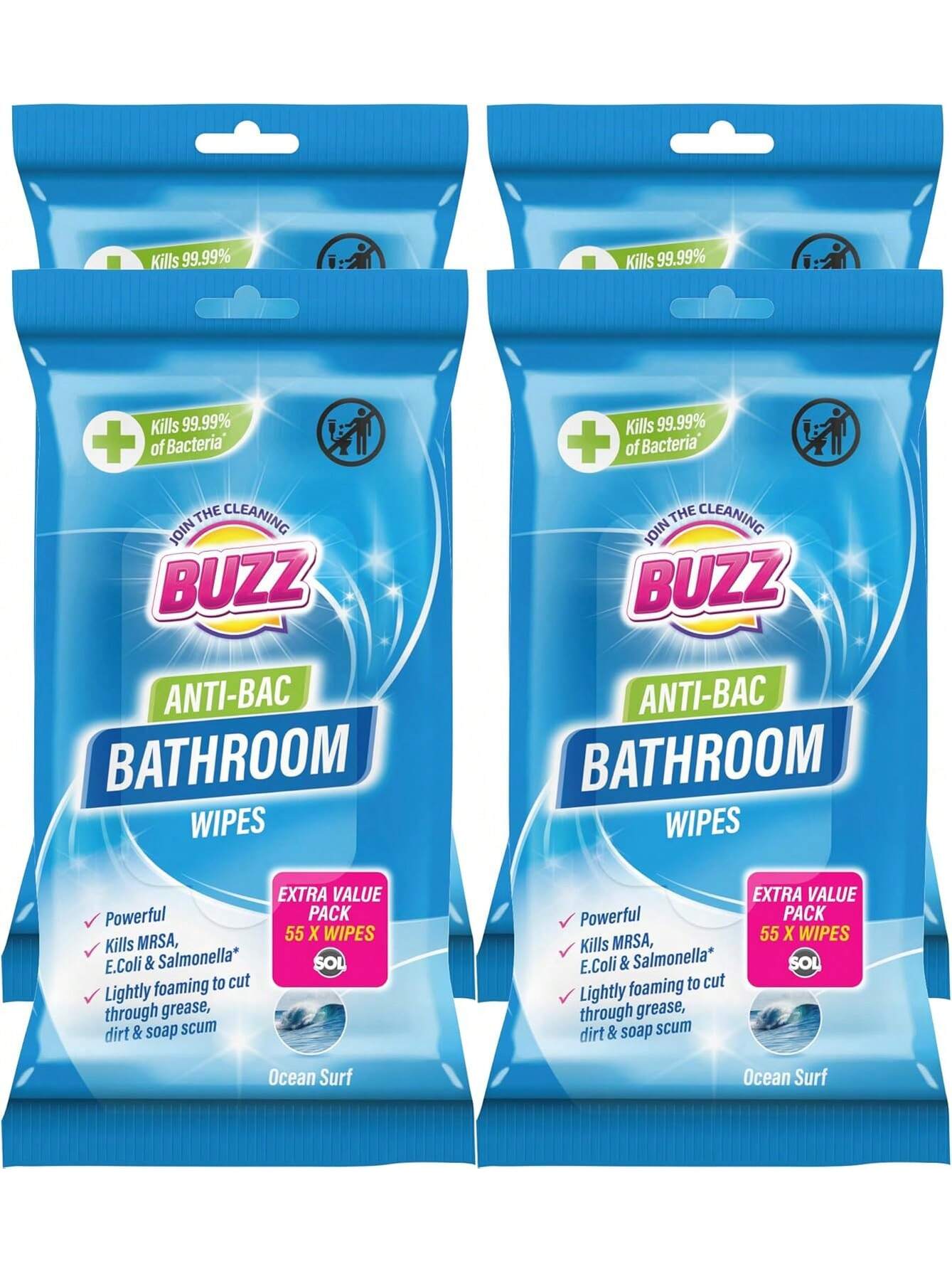 Buzz 220pk Bathroom Anti-Bac Wipes ,Ocean Scents Antibacterial Toilet Cleaning Sheets, Ultra-Strong Large Multi-Surface Cloths For Floors, Desk, Kitchen, Soap Scum Remover