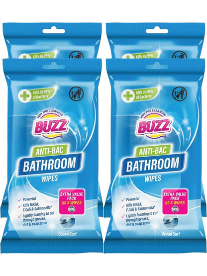 Buzz 220pk Bathroom Anti-Bac Wipes ,Ocean Scents Antibacterial Toilet Cleaning Sheets, Ultra-Strong Large Multi-Surface Cloths For Floors, Desk, Kitchen, Soap Scum Remover