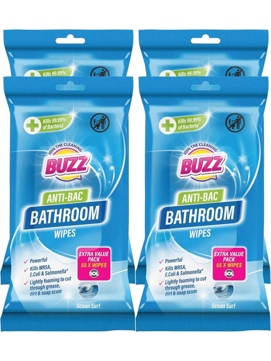 Buzz 220pk Bathroom Anti-Bac Wipes ,Ocean Scents Antibacterial Toilet Cleaning Sheets, Ultra-Strong Large Multi-Surface Cloths For Floors, Desk, Kitchen, Soap Scum Remover