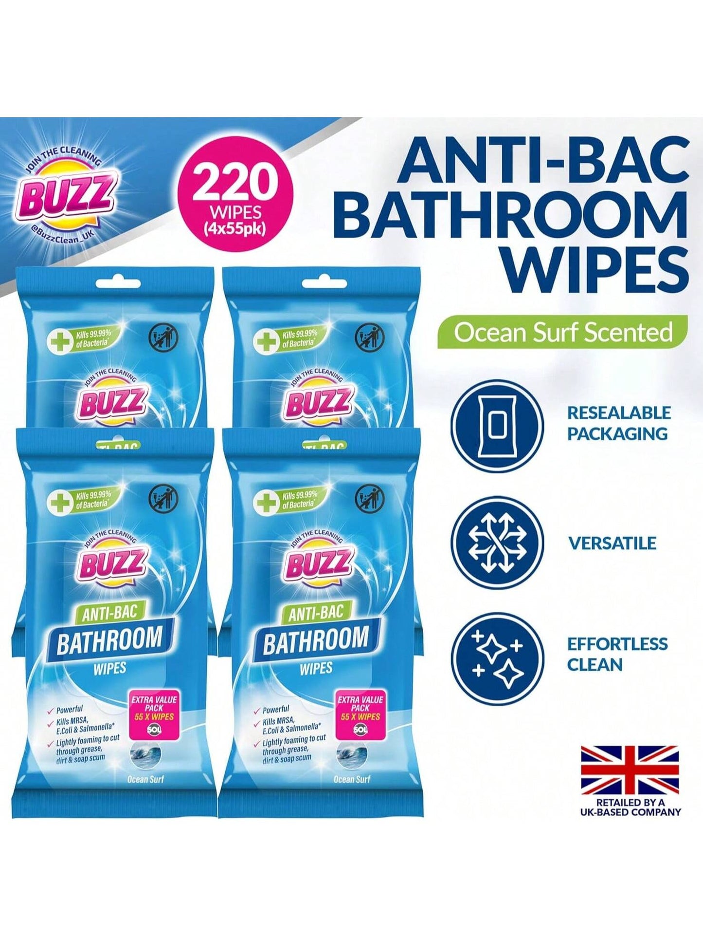 Buzz 220pk Bathroom Anti-Bac Wipes ,Ocean Scents Antibacterial Toilet Cleaning Sheets, Ultra-Strong Large Multi-Surface Cloths For Floors, Desk, Kitchen, Soap Scum Remover