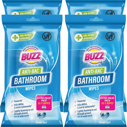 Buzz 220pk Bathroom Anti-Bac Wipes ,Ocean Scents Antibacterial Toilet Cleaning Sheets, Ultra-Strong Large Multi-Surface Cloths For Floors, Desk, Kitchen, Soap Scum Remover