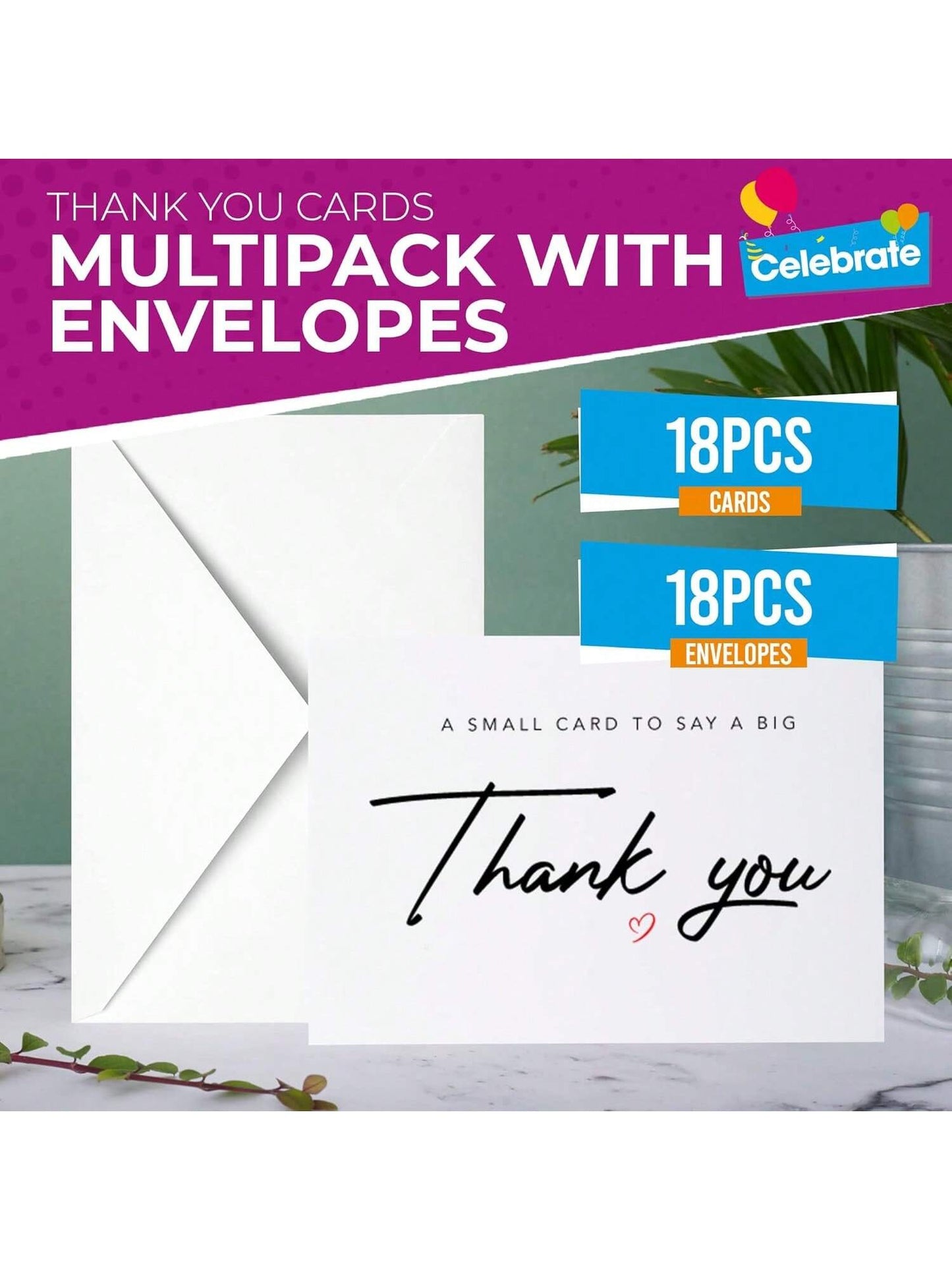 SOL 18pc Thank You Cards Multipack With Envelopes - Premium 250 GSM White Cardstock - A6 Small Size, Blank Inside. Bulk Pack For Wedding, Business, Greeting, Bridesmaid, Easter, Teacher Appreciation.