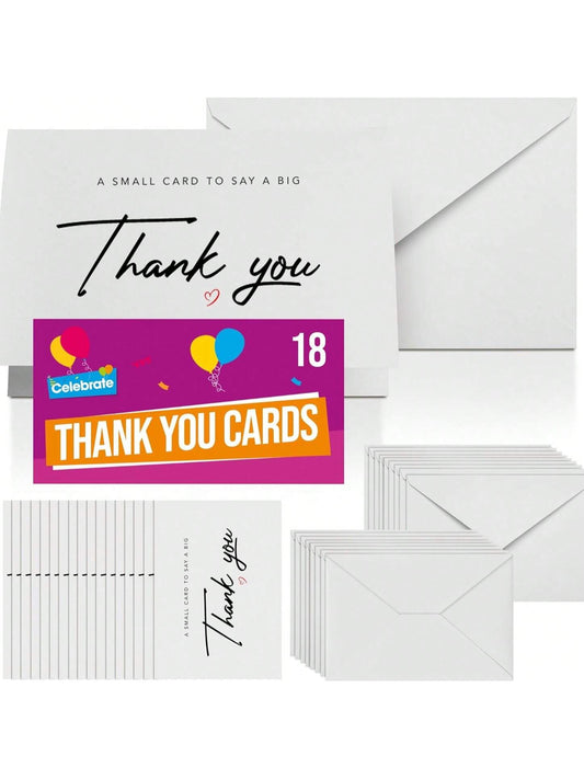 SOL 18pc Thank You Cards Multipack With Envelopes - Premium 250 GSM White Cardstock - A6 Small Size, Blank Inside. Bulk Pack For Wedding, Business, Greeting, Bridesmaid, Easter, Teacher Appreciation.