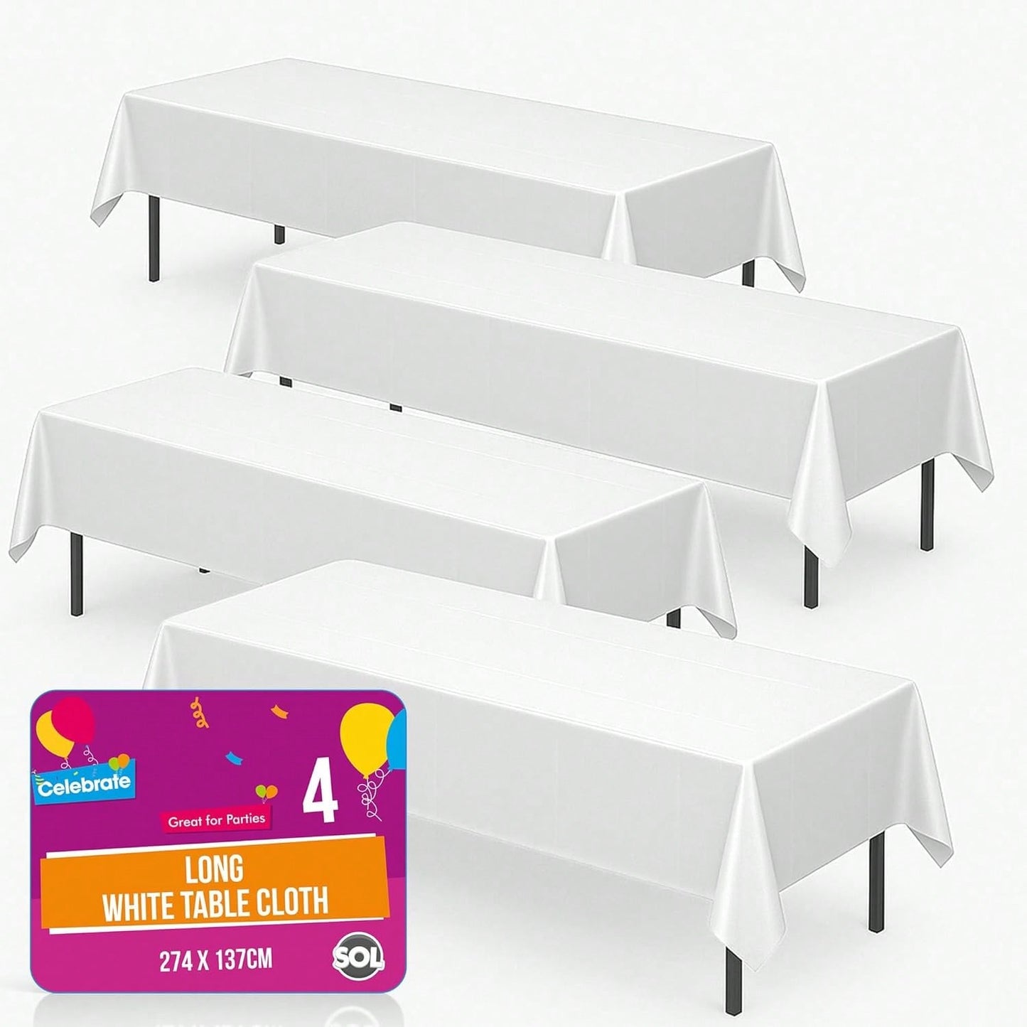 SOL 4pk Long White Table Cloth Party 274x137cm Plastic Cover Disposable Tablecloths For Parties - Heavy Duty Spill Protection - Opaque Design For Weddings, Buffets, Catering, Outdoor & Theme Events