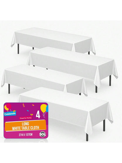 SOL 4pk Long White Table Cloth Party 274x137cm Plastic Cover Disposable Tablecloths For Parties - Heavy Duty Spill Protection - Opaque Design For Weddings, Buffets, Catering, Outdoor & Theme Events