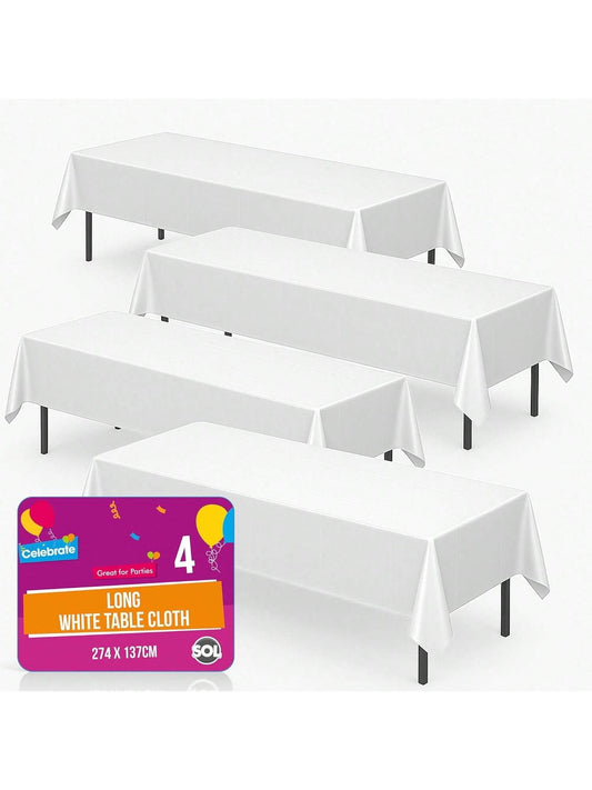 SOL 4pk Long White Table Cloth Party 274x137cm Plastic Cover Disposable Tablecloths For Parties - Heavy Duty Spill Protection - Opaque Design For Weddings, Buffets, Catering, Outdoor & Theme Events