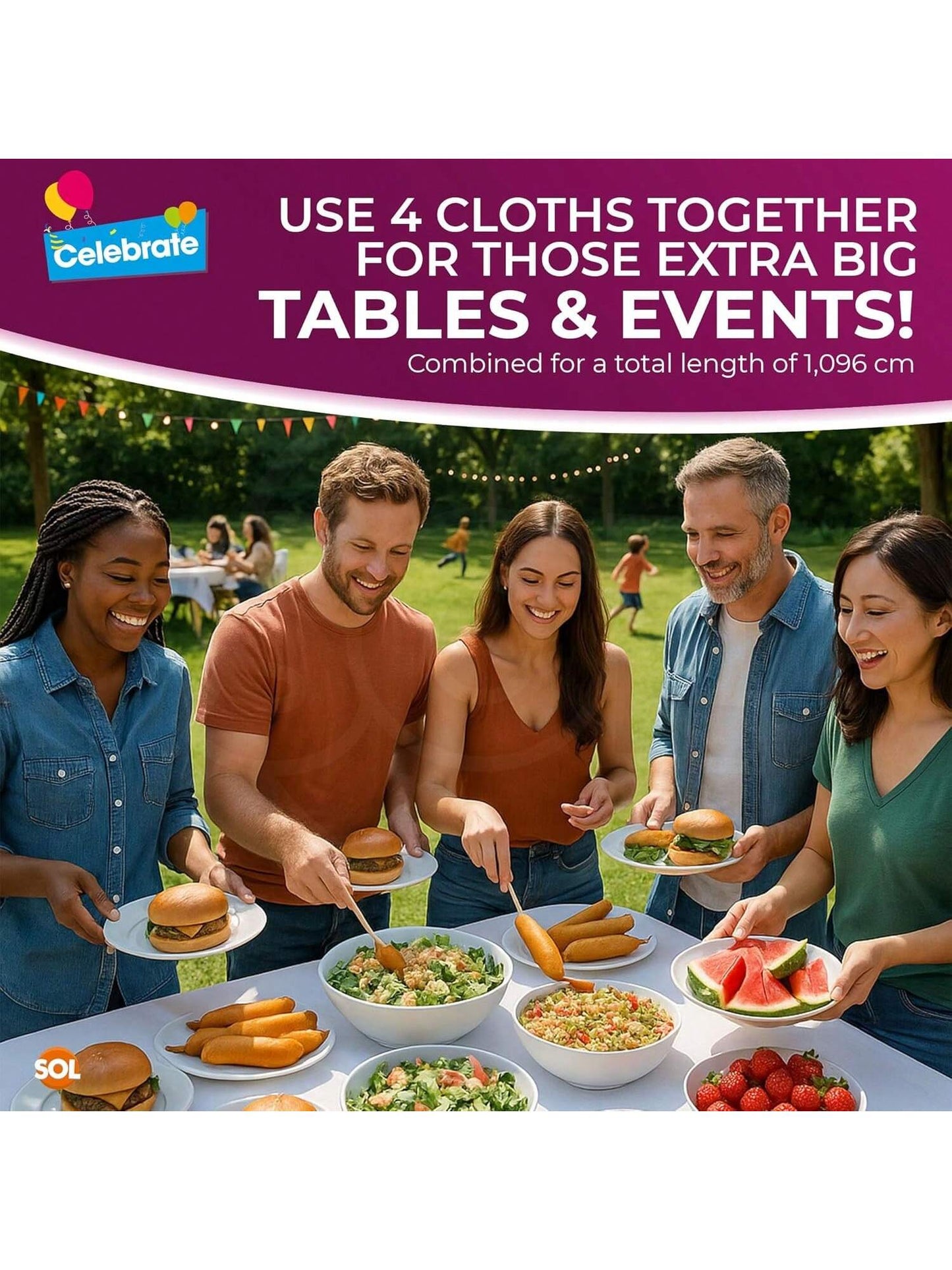 SOL 4pk Long White Table Cloth Party 274x137cm Plastic Cover Disposable Tablecloths For Parties - Heavy Duty Spill Protection - Opaque Design For Weddings, Buffets, Catering, Outdoor & Theme Events