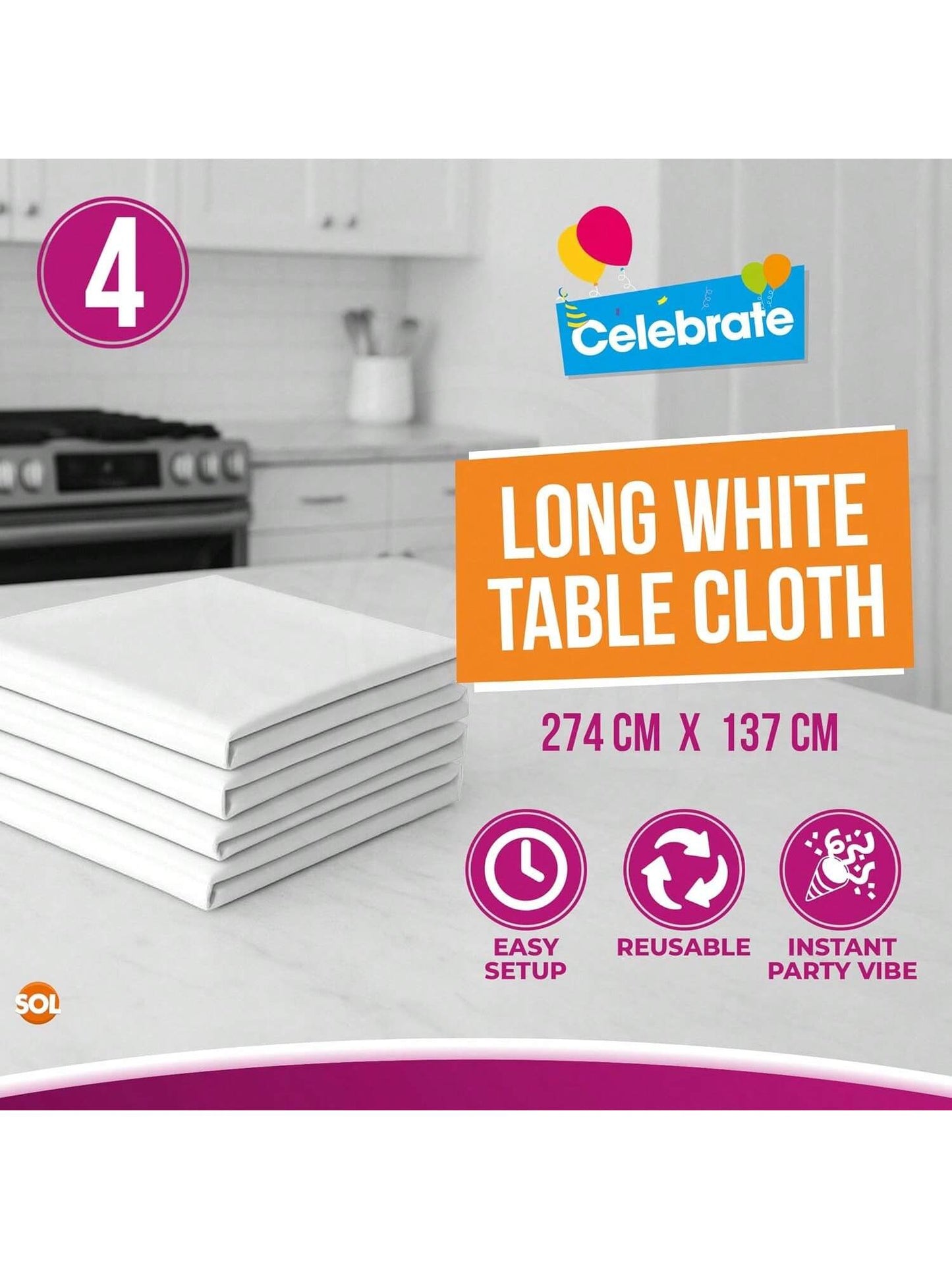 SOL 4pk Long White Table Cloth Party 274x137cm Plastic Cover Disposable Tablecloths For Parties - Heavy Duty Spill Protection - Opaque Design For Weddings, Buffets, Catering, Outdoor & Theme Events