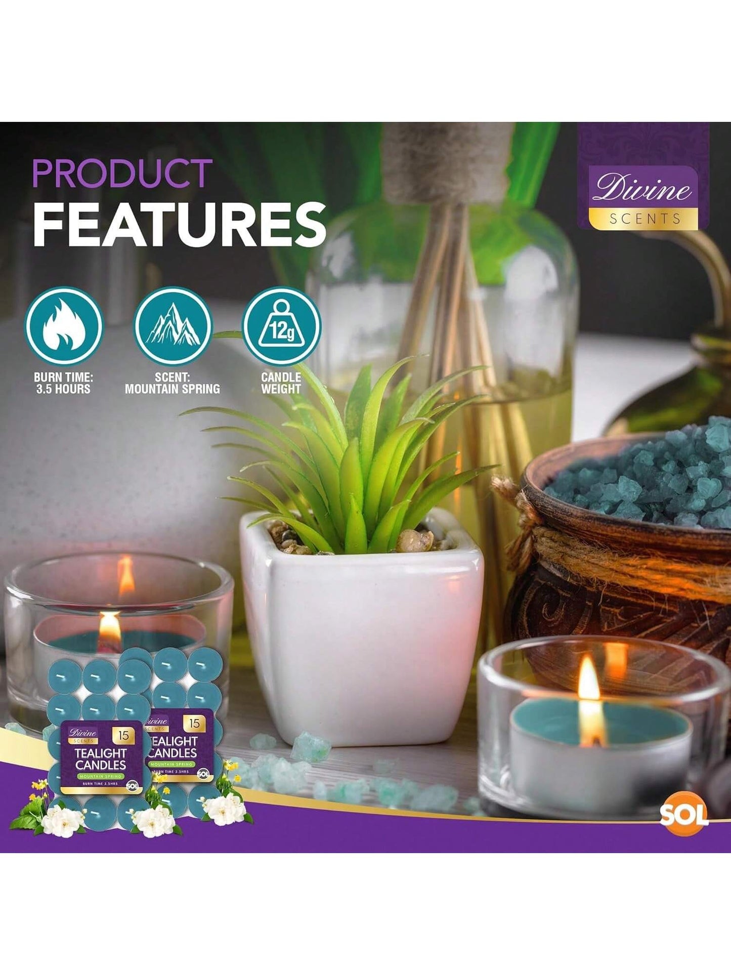 SOL 30pk Tea Light Candles Mountain Spring – 3.5 Hour Burn Time, Scented Tea Lights With A Refreshing Fragrance - Ideal For Home, Relaxation, Romantic Dinners, Weddings, Festive Decor, Cosy Evenings