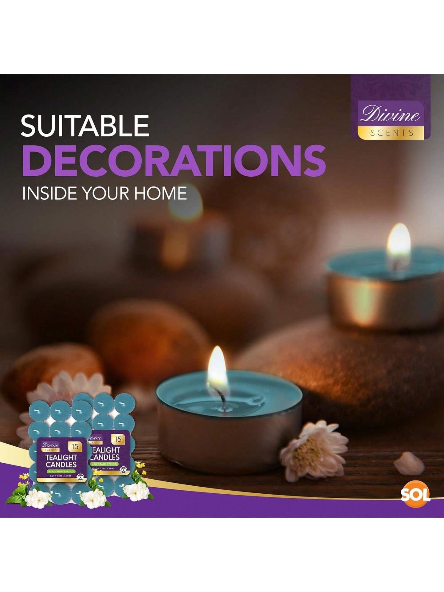 SOL 30pk Tea Light Candles Mountain Spring – 3.5 Hour Burn Time, Scented Tea Lights With A Refreshing Fragrance - Ideal For Home, Relaxation, Romantic Dinners, Weddings, Festive Decor, Cosy Evenings