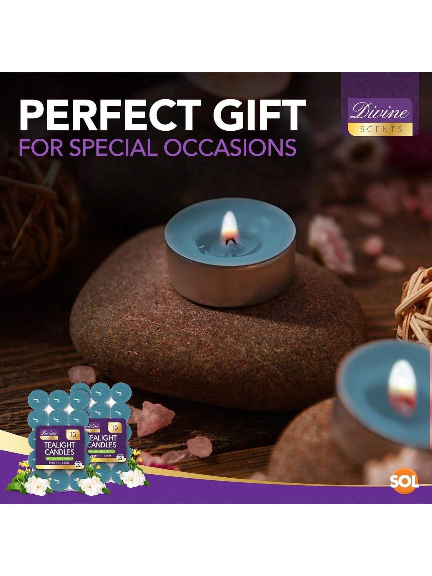 SOL 30pk Tea Light Candles Mountain Spring – 3.5 Hour Burn Time, Scented Tea Lights With A Refreshing Fragrance - Ideal For Home, Relaxation, Romantic Dinners, Weddings, Festive Decor, Cosy Evenings