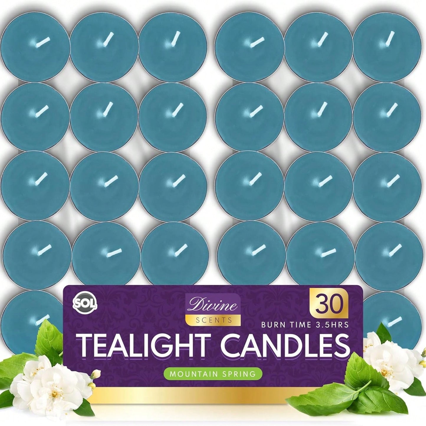 SOL 30pk Tea Light Candles Mountain Spring – 3.5 Hour Burn Time, Scented Tea Lights With A Refreshing Fragrance - Ideal For Home, Relaxation, Romantic Dinners, Weddings, Festive Decor, Cosy Evenings